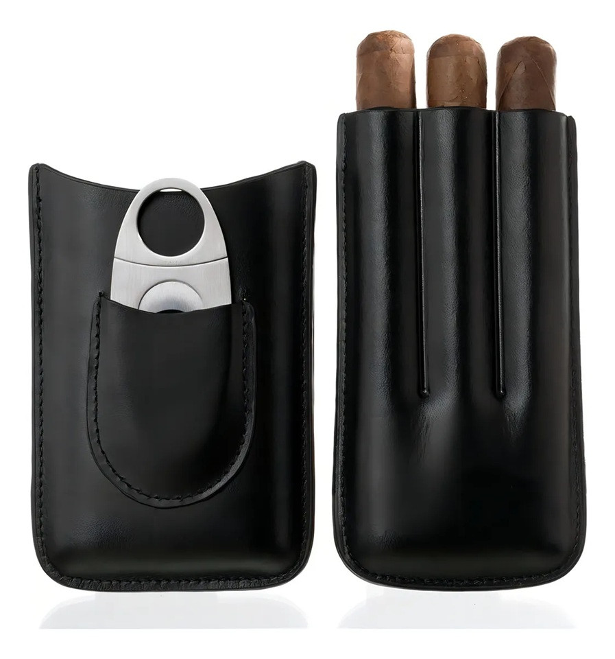 Porta Charutos Couro P/3 Charutos Com Cortador Metal Preto