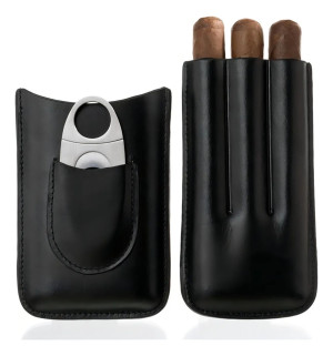 Porta Charutos Couro P/3 Charutos Com Cortador Metal Preto